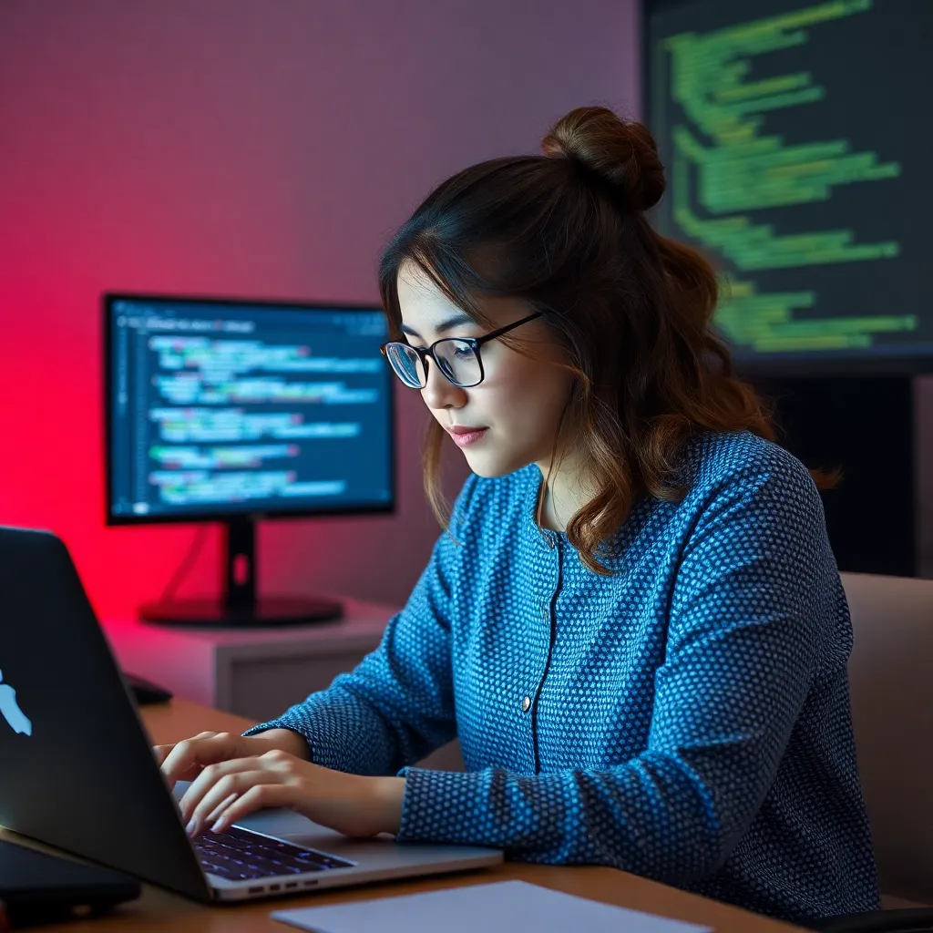Photo of Floki Inu lead developer, a focused woman working on laptop with code on screen