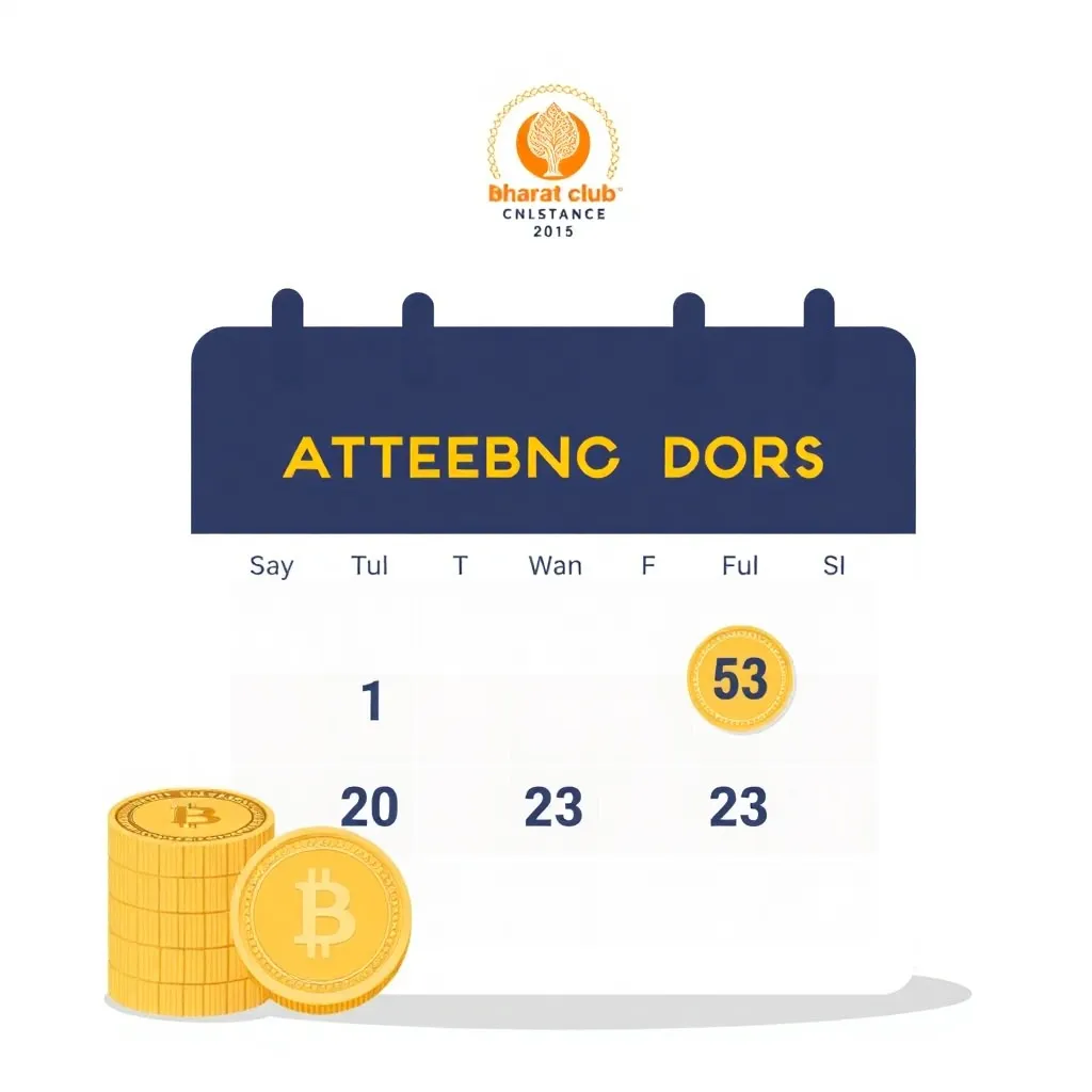 Illustration of a calendar with marked attendance days and bonus coins representing Bharat Club attendance bonus