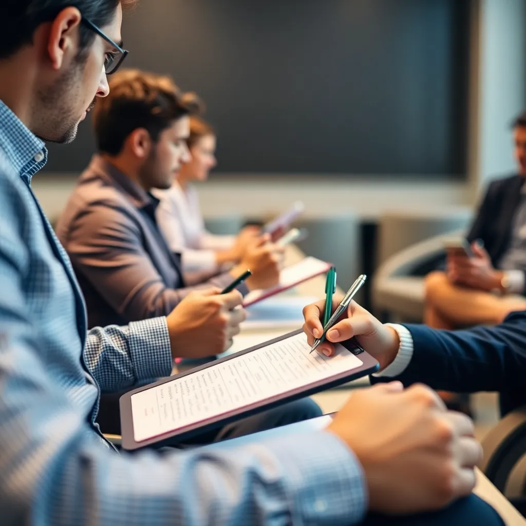 Close-up of people taking notes on clipboards during a meeting