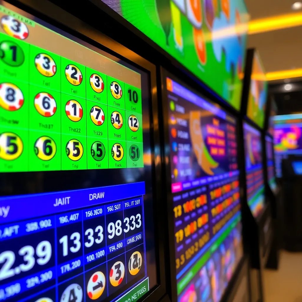 Lottery tickets and draw numbers displayed on a digital screen with colorful graphics