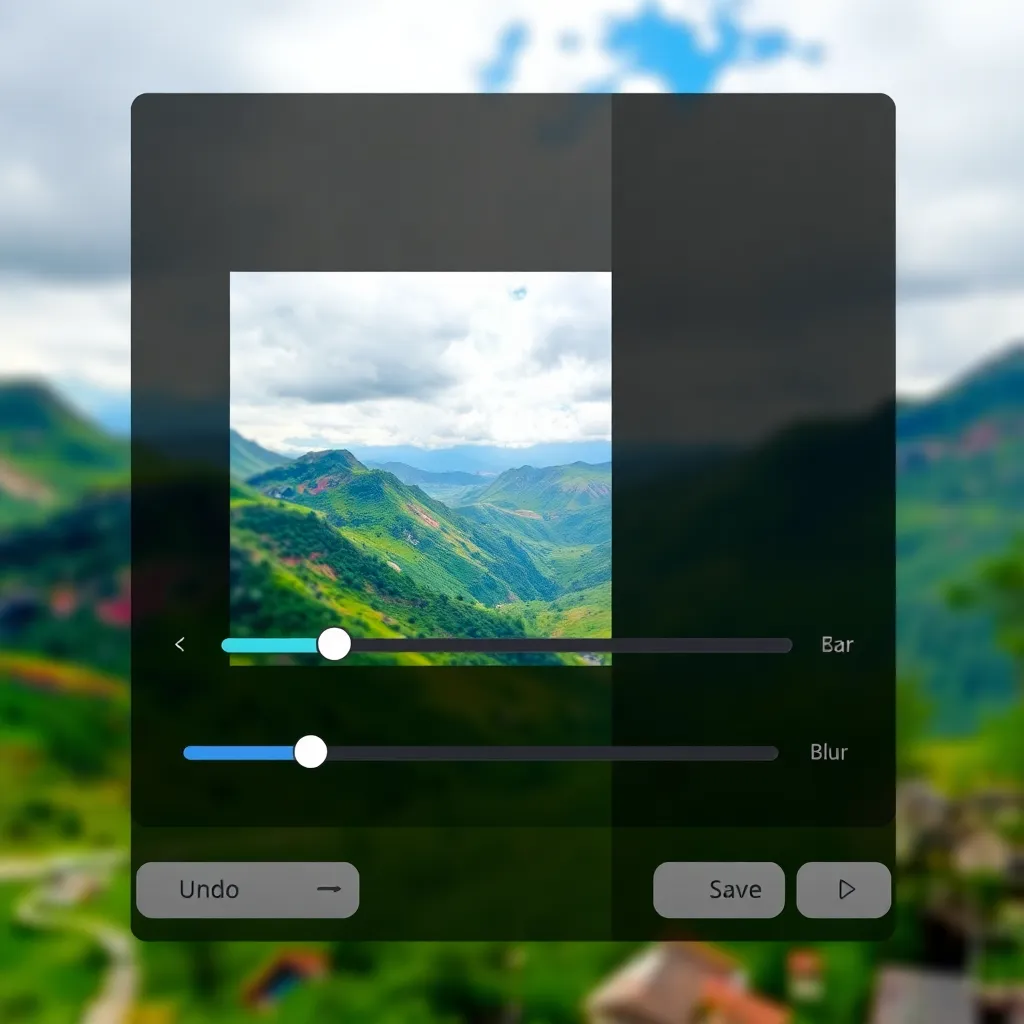 Editable photo preview showing a colorful landscape with adjustment sliders for brightness, contrast, blur, saturation, and buttons for undo, redo, and save
