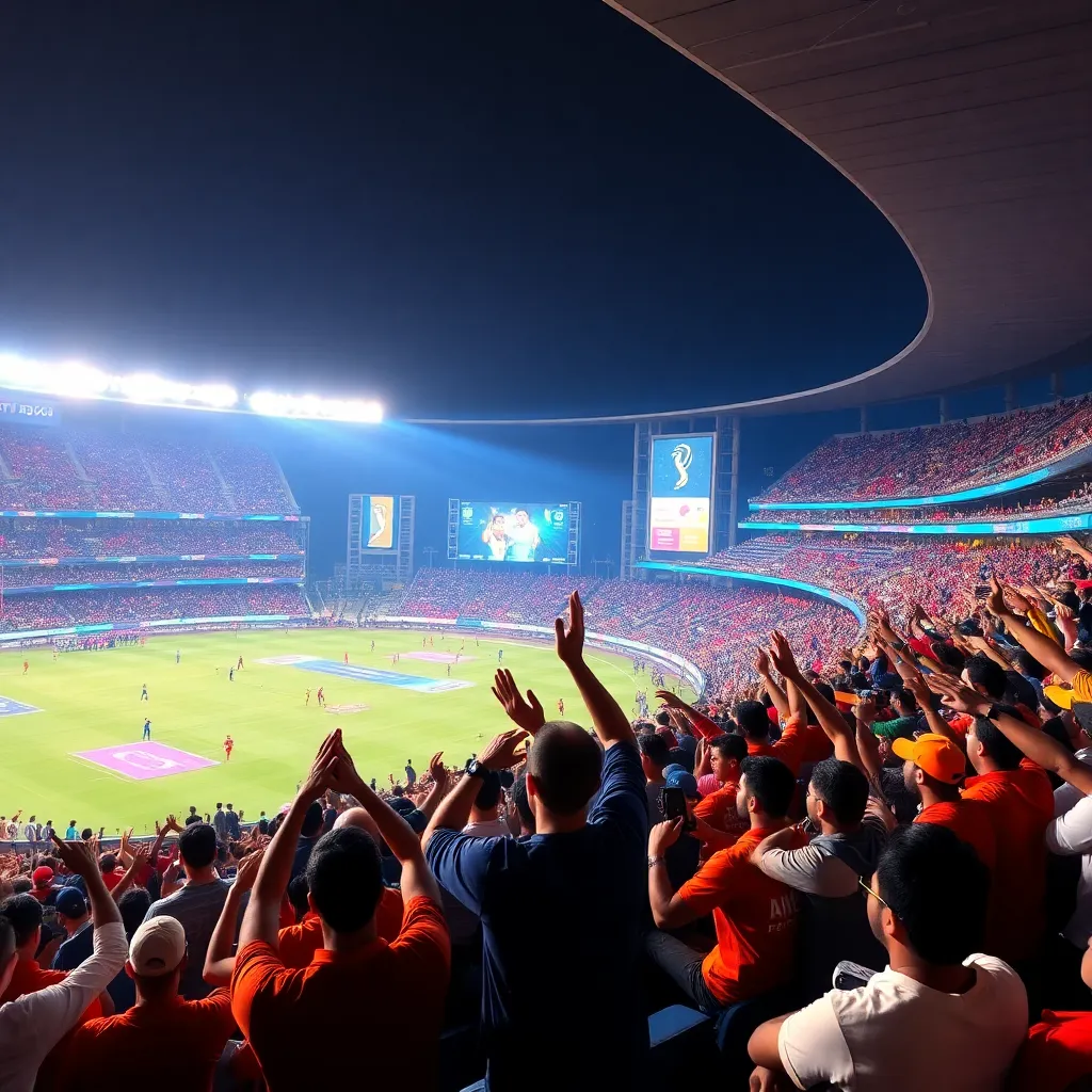 Vibrant cricket stadium filled with cheering fans during IPL 2025 match, showcasing excitement and energy