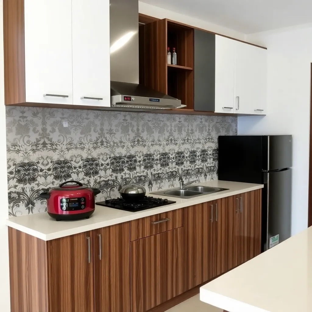 Dapur Moden Homestay Tok Bidin Langkawi dengan kabinet putih, peralatan memasak lengkap dan countertop bersih