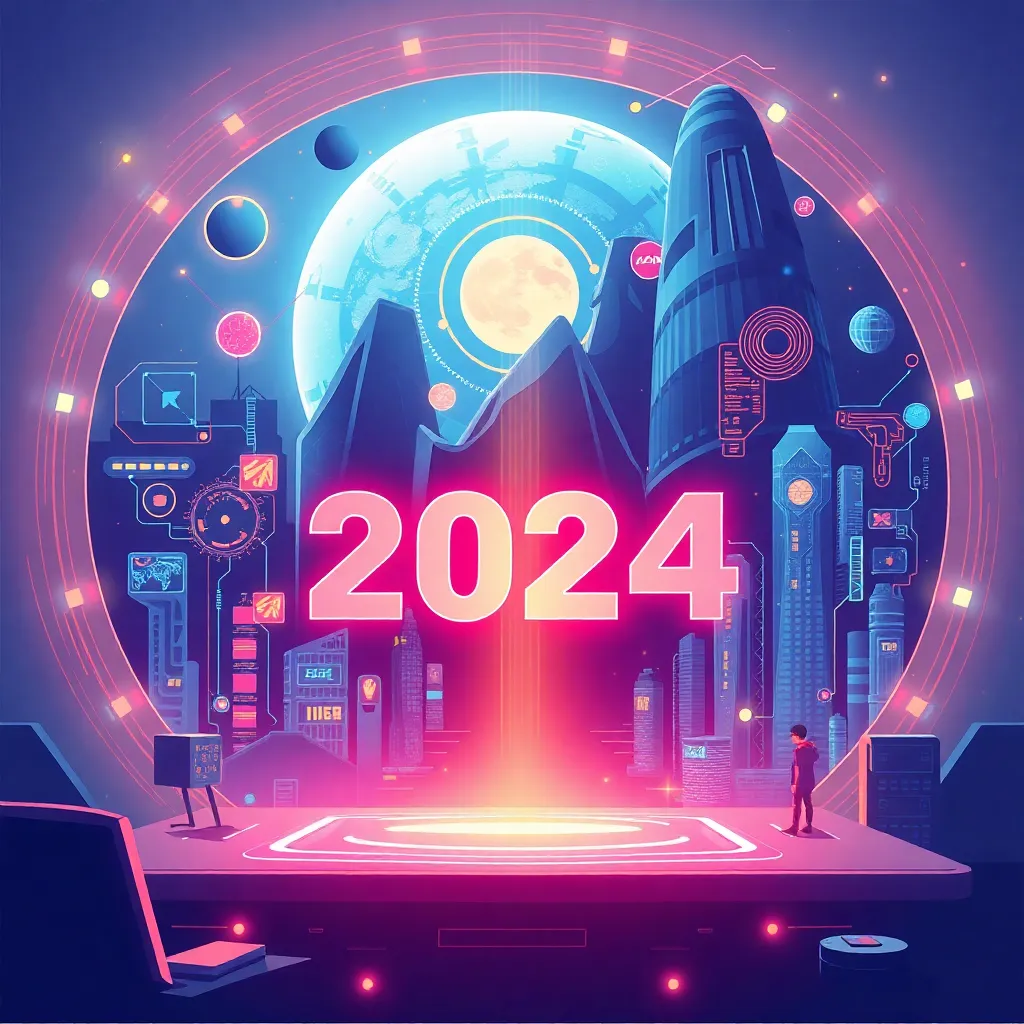 Gambar ilustrasi revolusi teknologi 2024 dengan latar futuristik dan perangkat canggih berwarna biru dan ungu