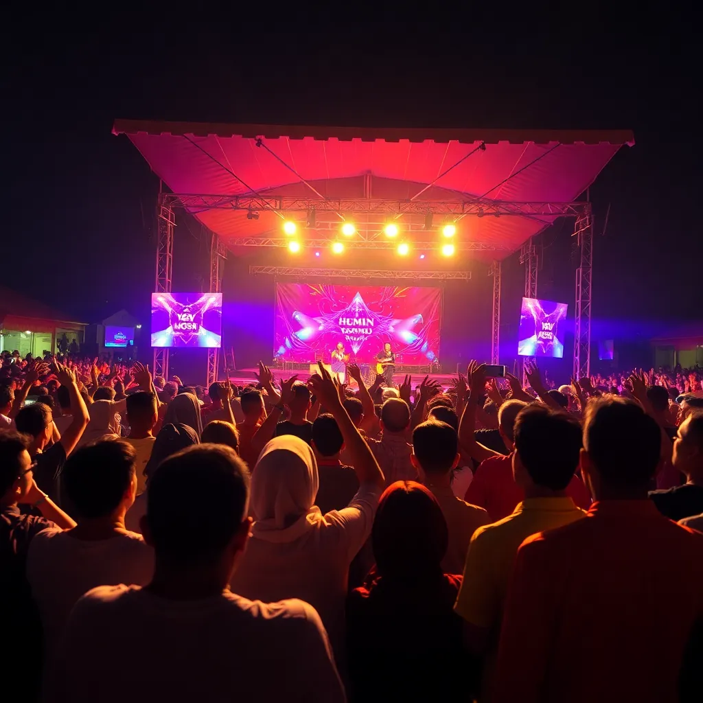 Gambar konser musik dengan panggung dan penonton yang antusias di malam hari