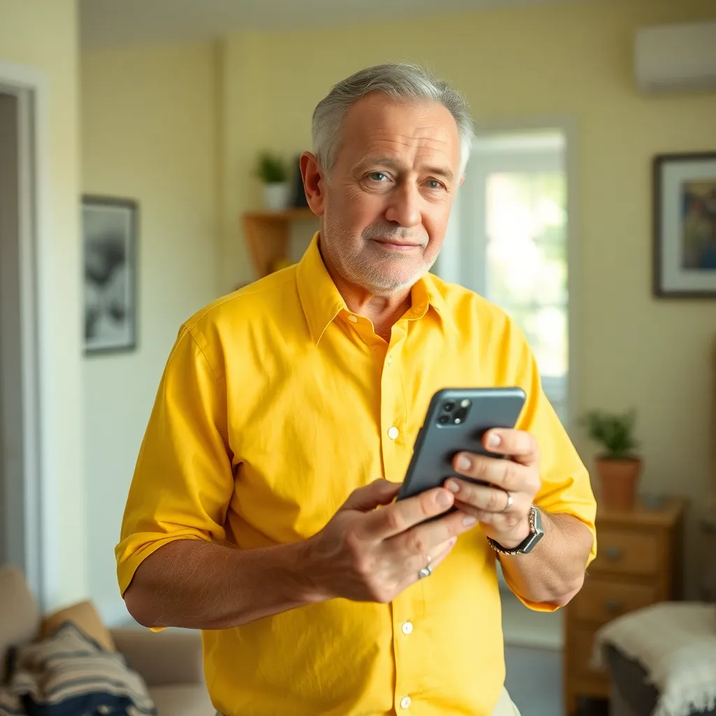 Older man in yellow shirt holding phone, standing in a home interior