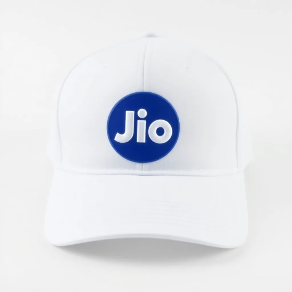 White baseball cap with blue circular Jio logo