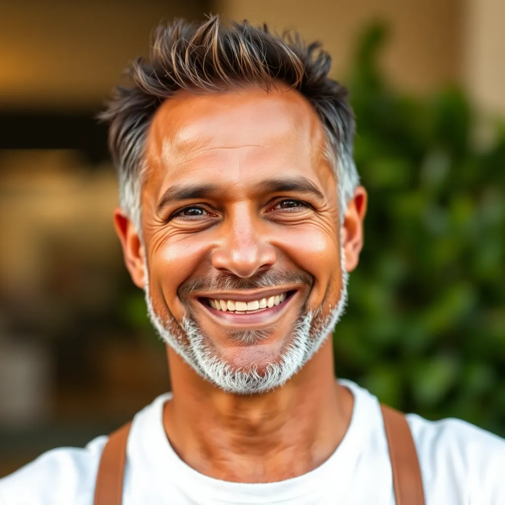 Middle-aged man smiling warmly, representing a satisfied customer