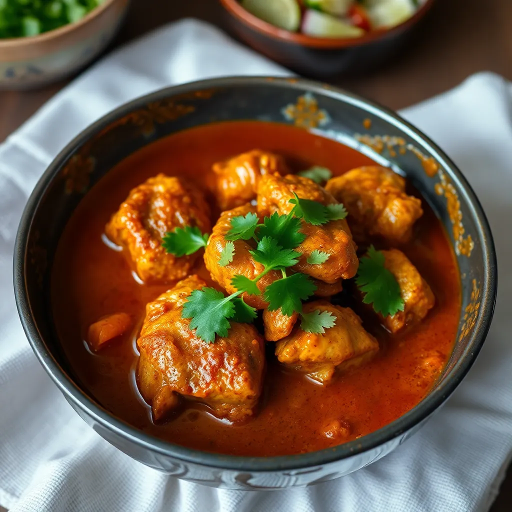 Bowl of spicy chicken curry with thick gravy garnished with coriander