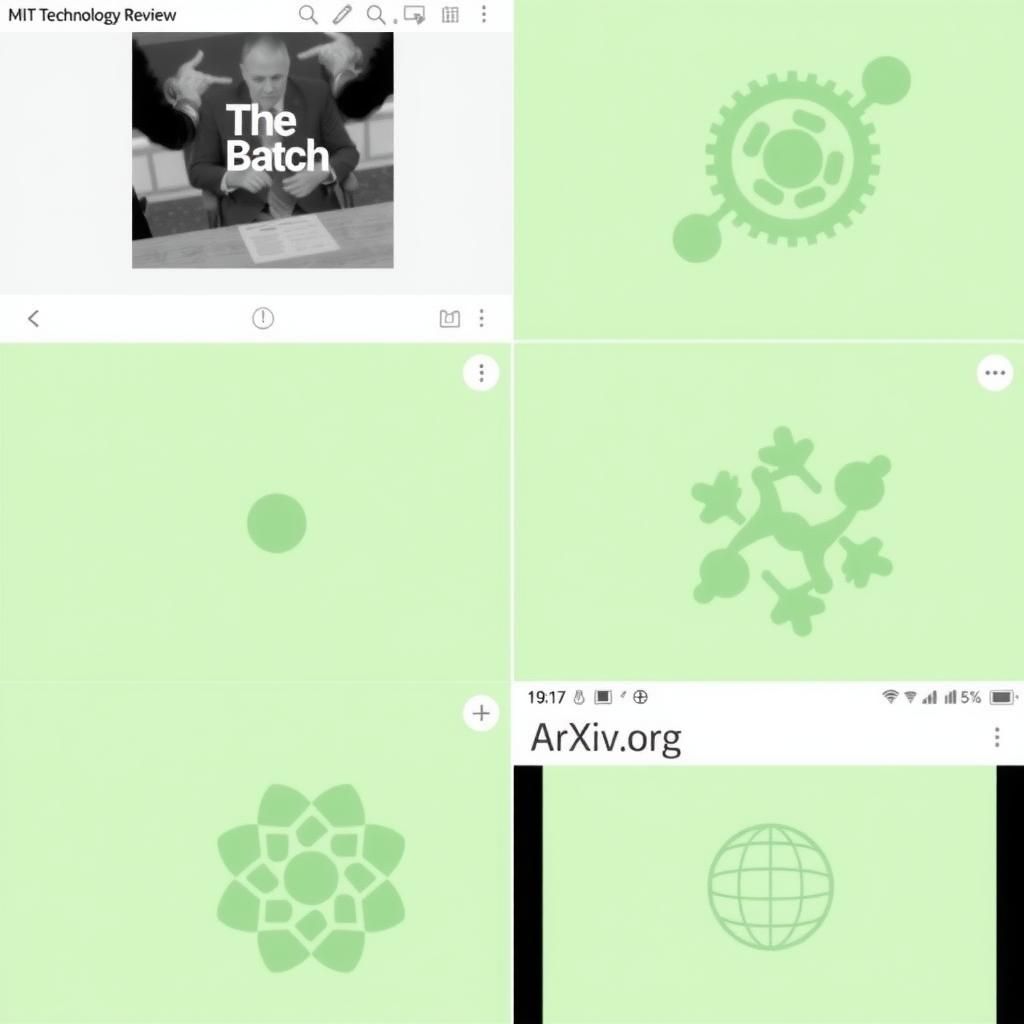 Screenshots of The Batch, MIT Technology Review, and ArXiv.org