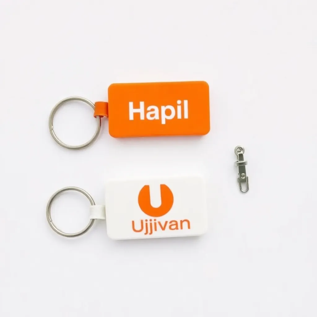 Two rectangular keychains, one orange with Hapil logo, one white with Ujjivan logo