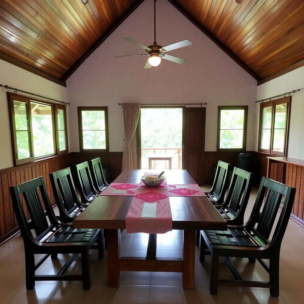 Ruang Makan Homestay Tok Bidin Langkawi dengan meja kayu, kerusi moden dan pencahayaan hangat