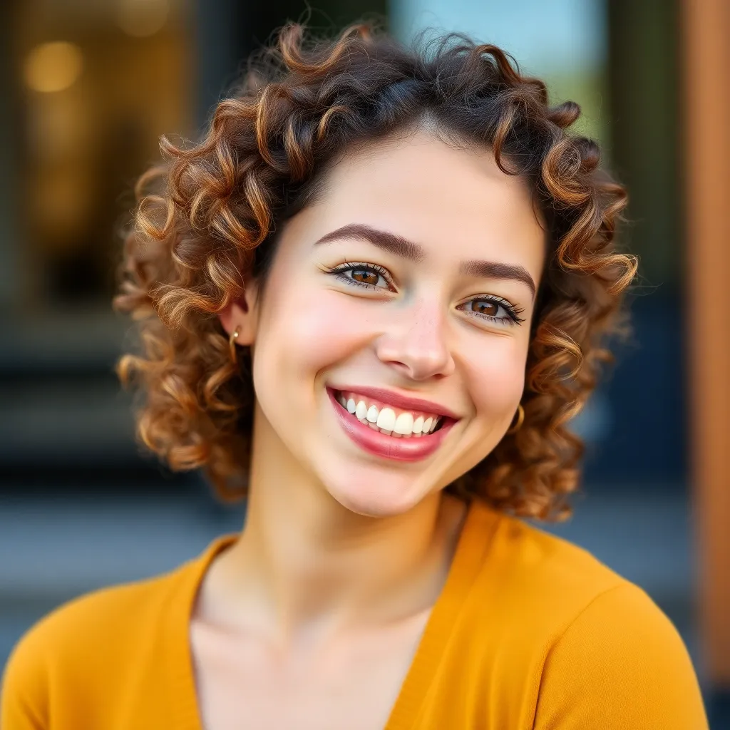 Profile picture of a young woman with curly hair and bright smile