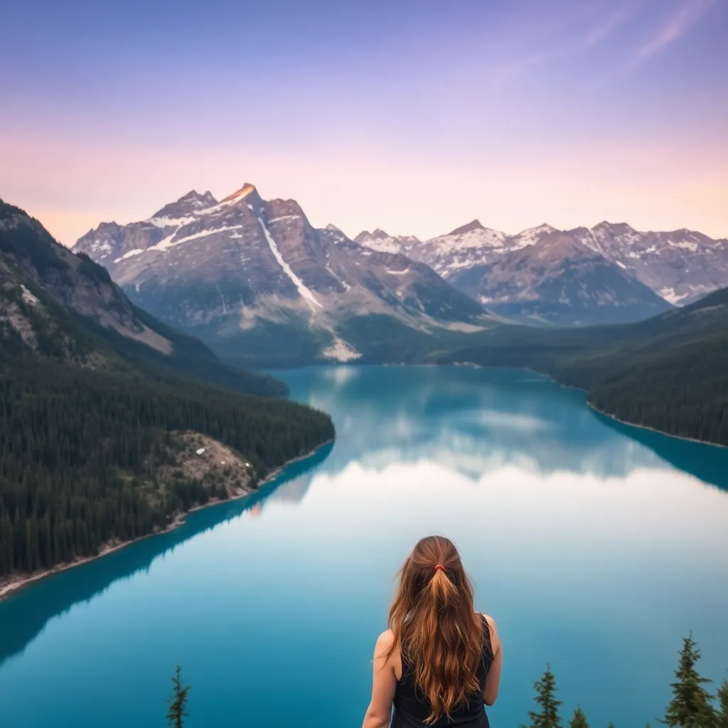 Woman looking at mountains and lake