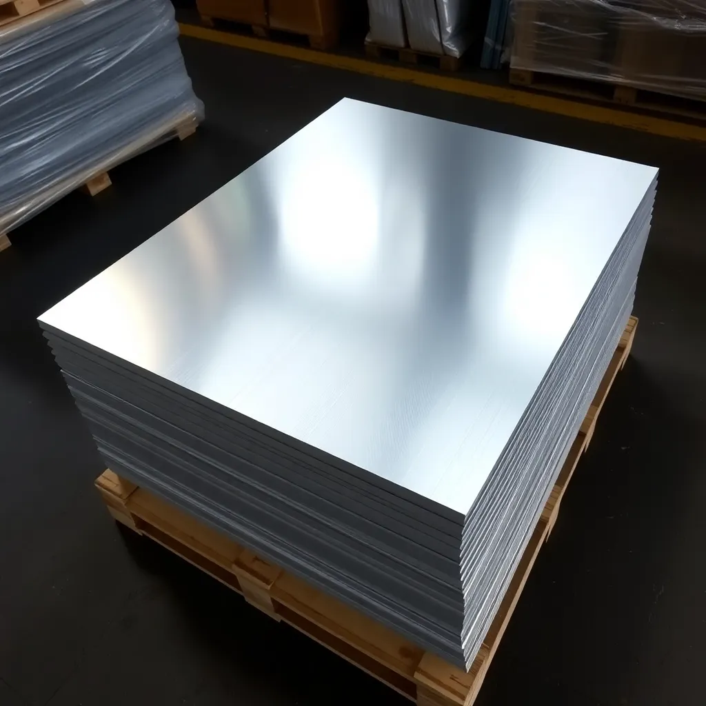 Stack of shiny aluminum sheets on a wooden pallet in a warehouse with dark floor and some wrapped plastic