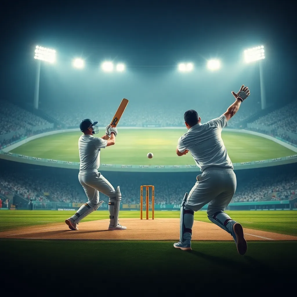 A dynamic cricket match scene showing a batsman playing a powerful shot while a bowler delivers the ball in a packed stadium under floodlights