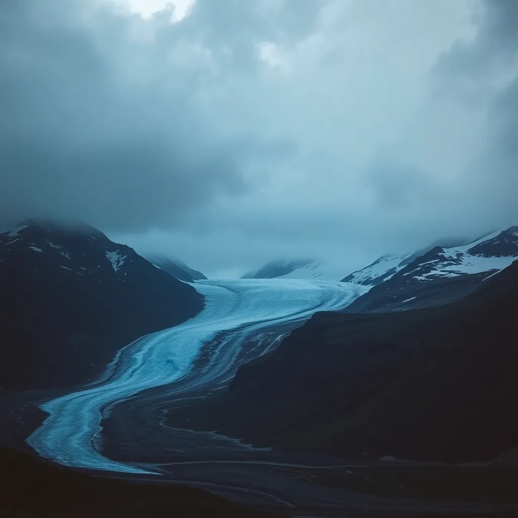 Landscape of glacier and mountains with dark cloudy sky