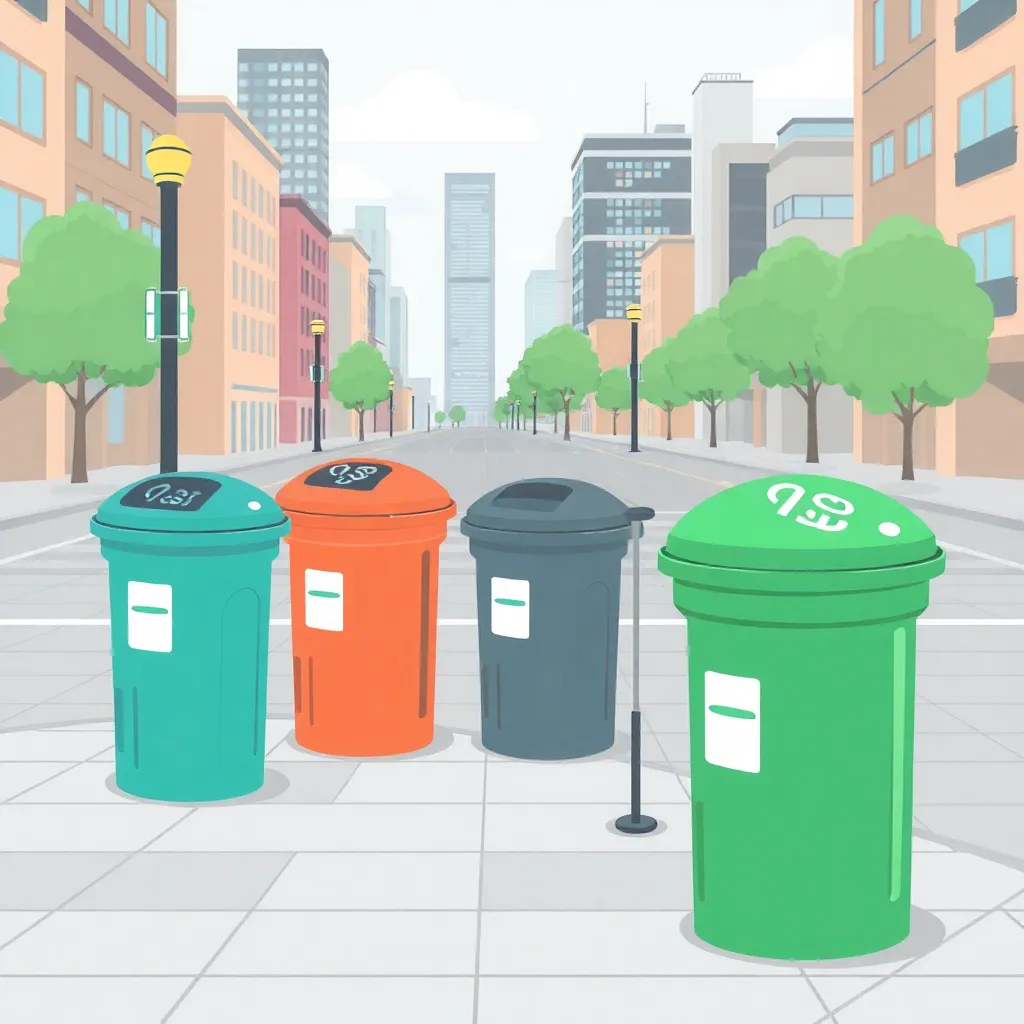 Illustration of smart waste management system with sensors, bins, and cityscape