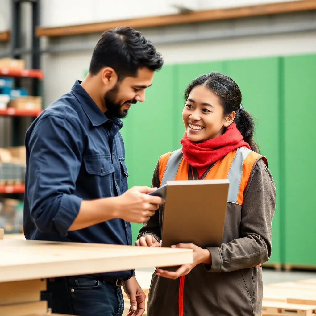Customer receiving product from worker