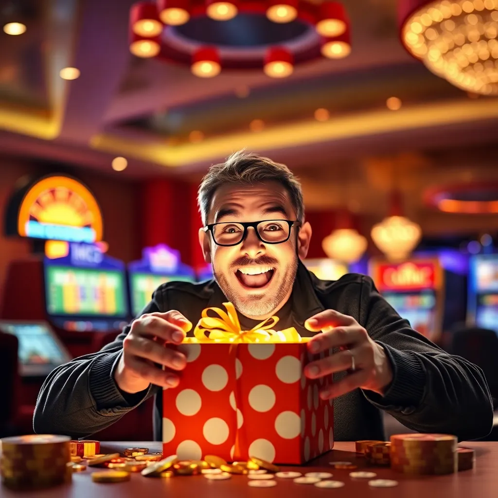 Excited player opening a mystery gift box with casino background and bright lights