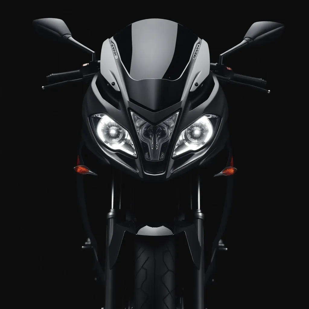 Front view of a black sport motorcycle with headlights on a black background