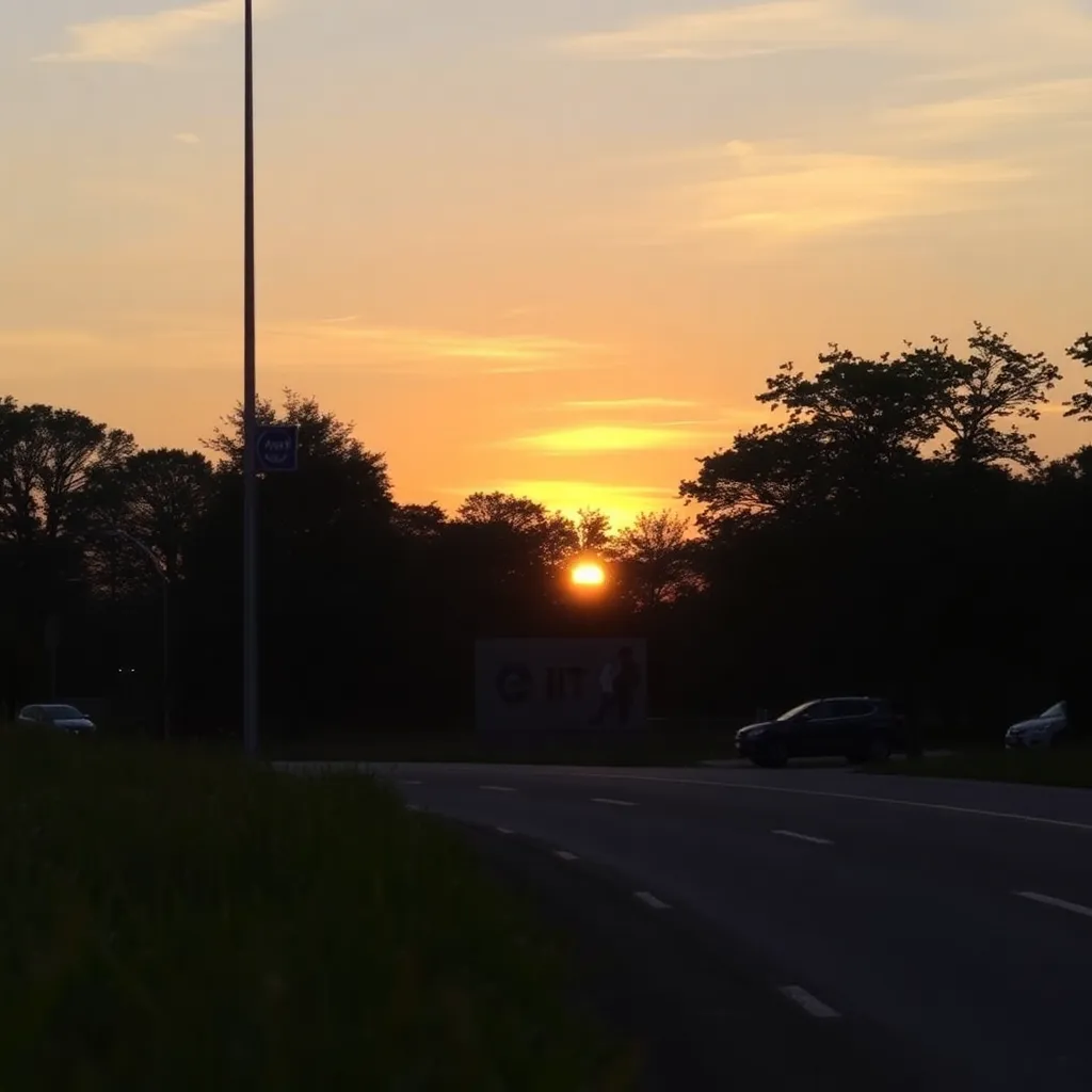 Sunset behind trees and IIT sign with road and grass in foreground
