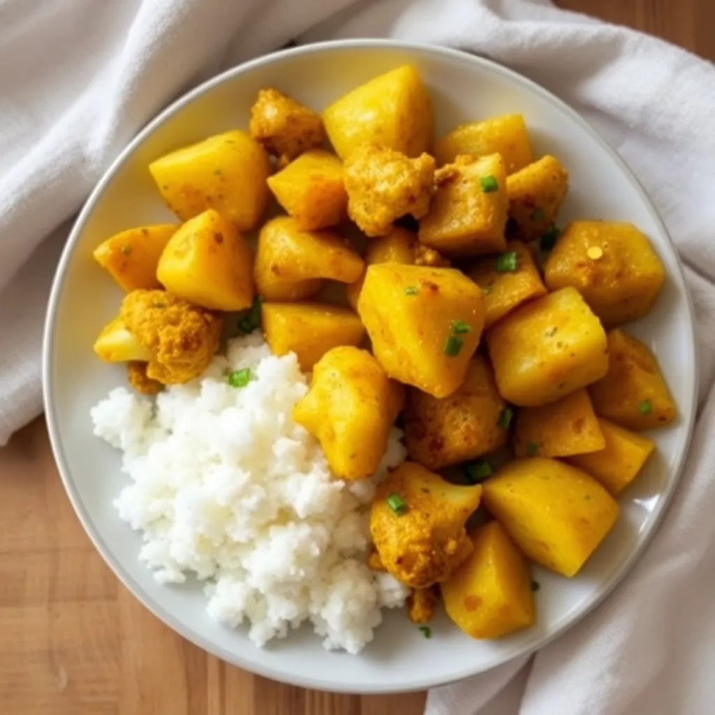 Plate of aloo gobi, a dry curry of potatoes and cauliflower with turmeric and spices