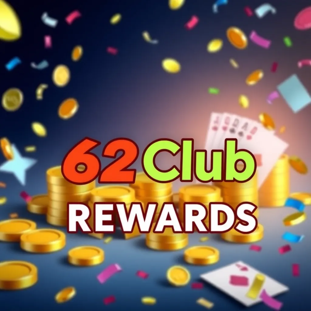 Colorful banner showing 62Club online gaming rewards with coins, cards, and confetti