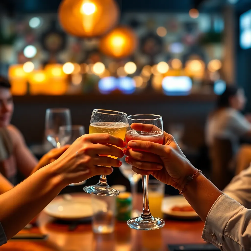 Orang-orang merayakan dengan minuman di restoran