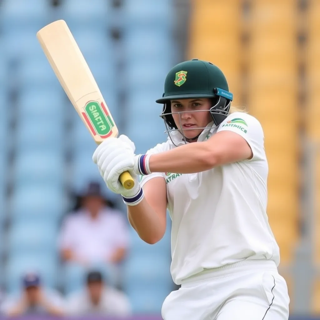 Annerie Dercksen batting confidently during the 3rd ODI match, wearing South Africa Women cricket whites, focused expression, mid-swing with cricket bat