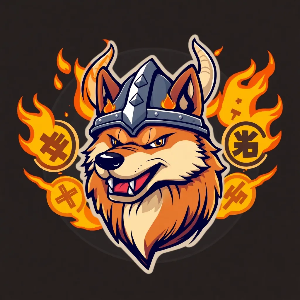 Floki Inu mascot, a fierce Shiba Inu dog wearing Viking helmet with flames and crypto symbols around, animated floating