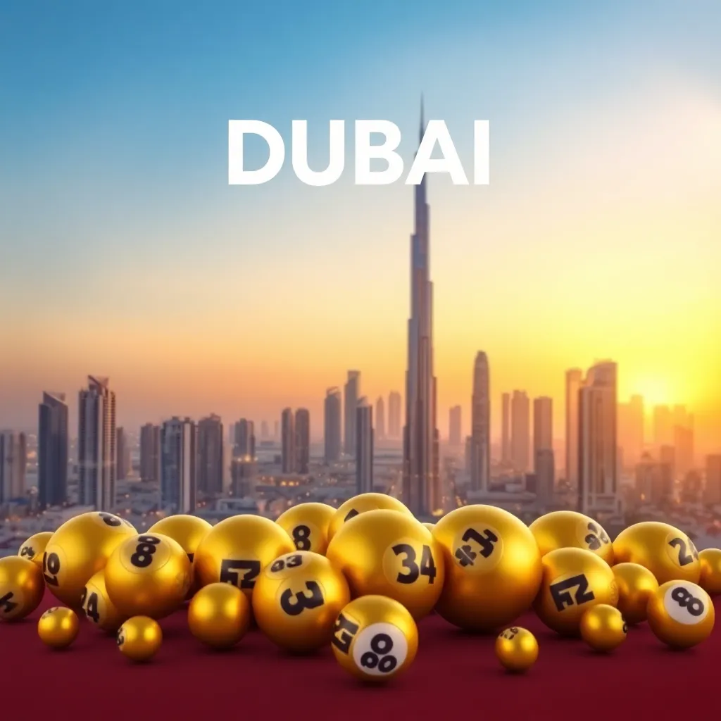 Dubai Duty Free Lottery banner showing golden lottery balls with Dubai skyline in the background at sunset