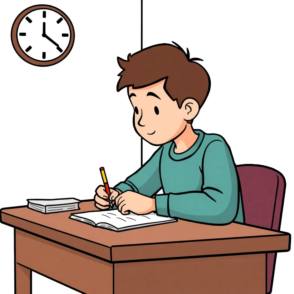 Illustration of a student writing at a desk with a clock on the wall