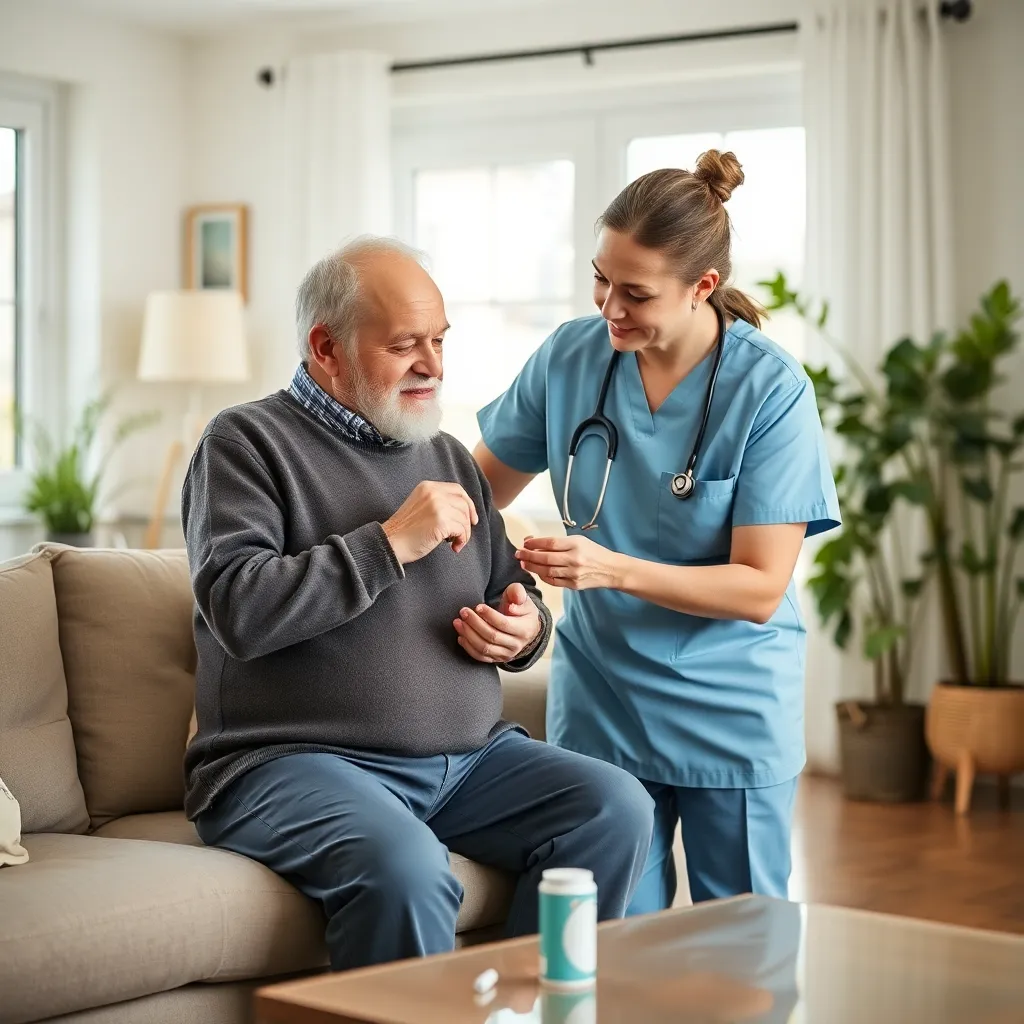 Elderly man assisted with medication at home