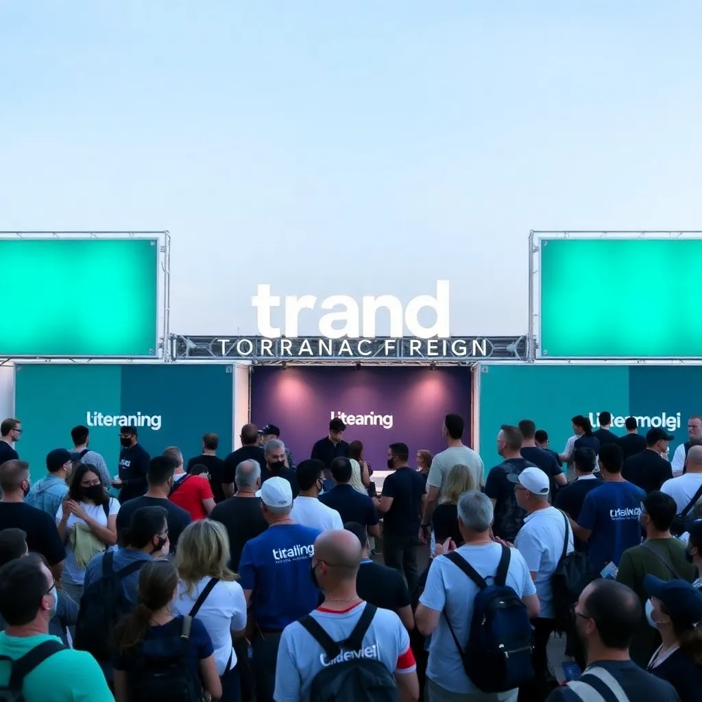 Brand activation event with crowd engagement and teal and navy displays