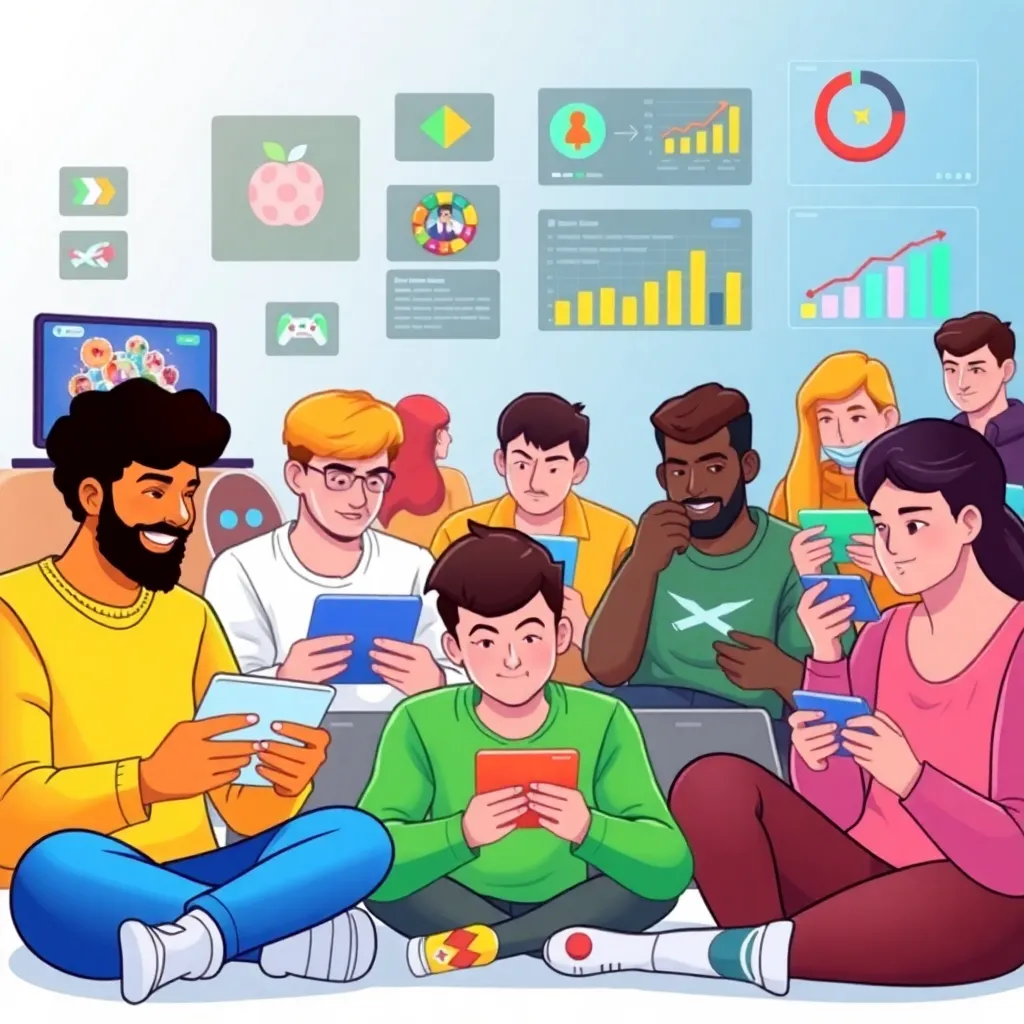 A vibrant digital illustration showing a diverse group of people enjoying online gaming on various devices, with colorful game icons and charts representing strategies and practice