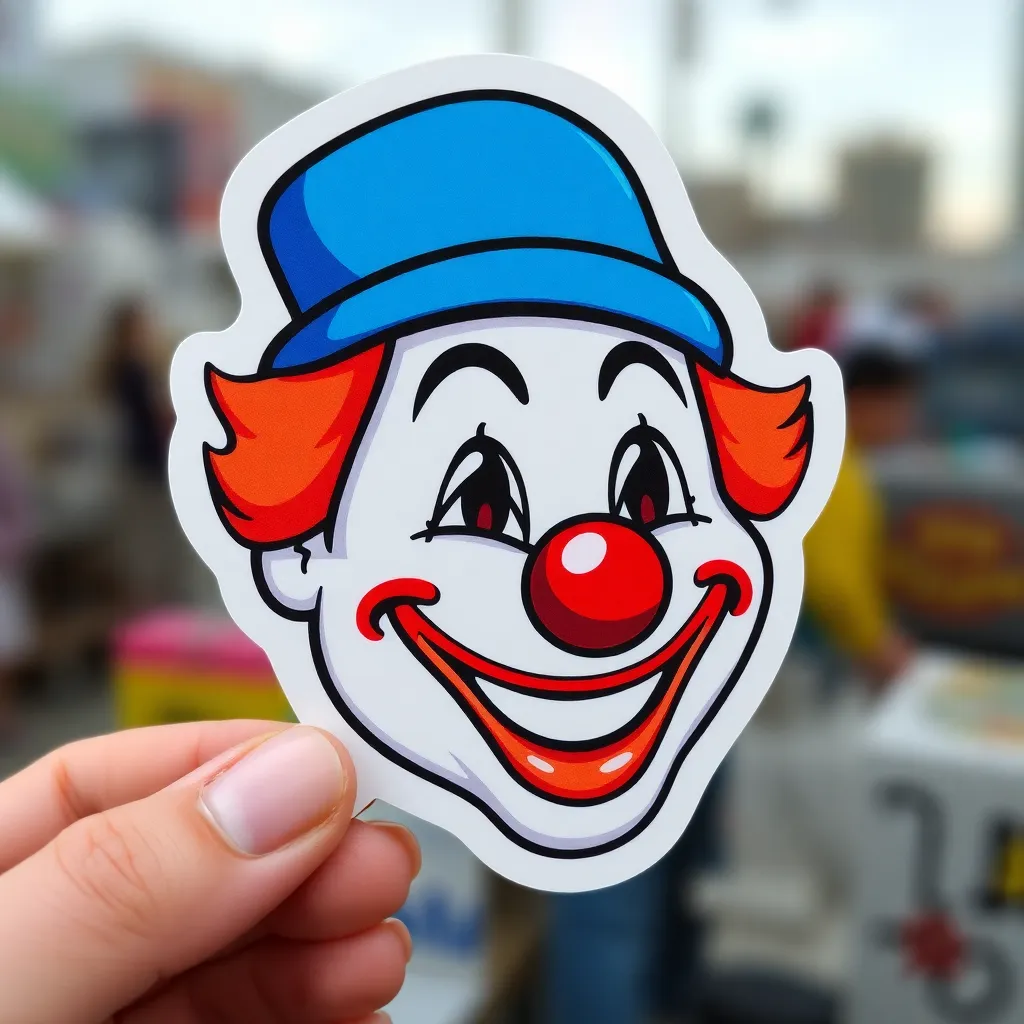 Clown face emoji sticker, colorful clown with red nose