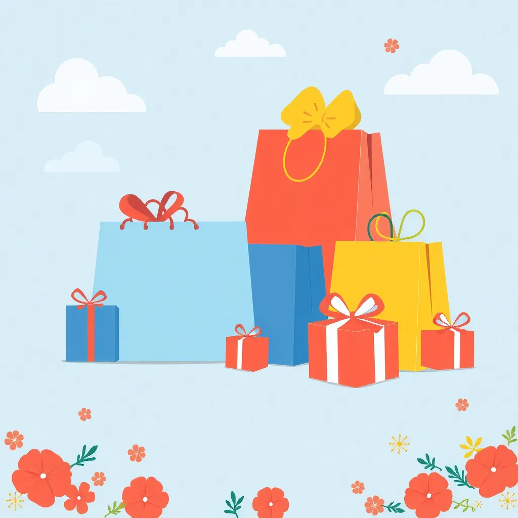 Illustration of shopping bags and gifts on a blue background with clouds