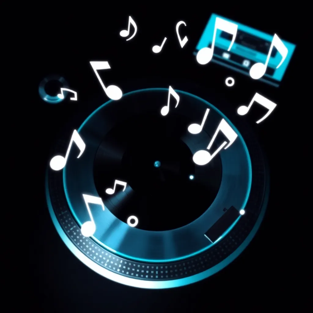 Album cover art showing a black and cyan DJ turntable with white musical notes floating around