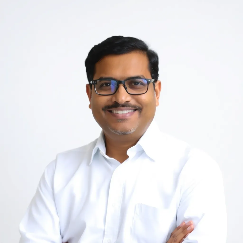 Photo of client Mr. Rajesh Kumar smiling, middle-aged man with glasses, wearing a white shirt