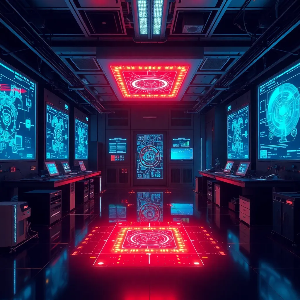 Interior of a high-tech quantum computing laboratory with glowing quantum processors and scientists monitoring data on holographic screens
