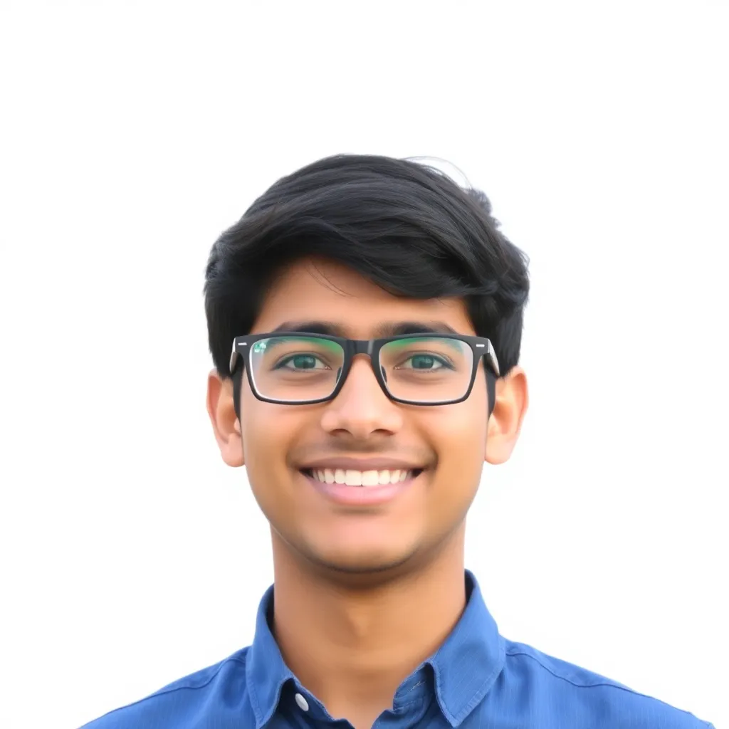 Portrait of Rahul, a young man wearing glasses and a blue shirt, smiling