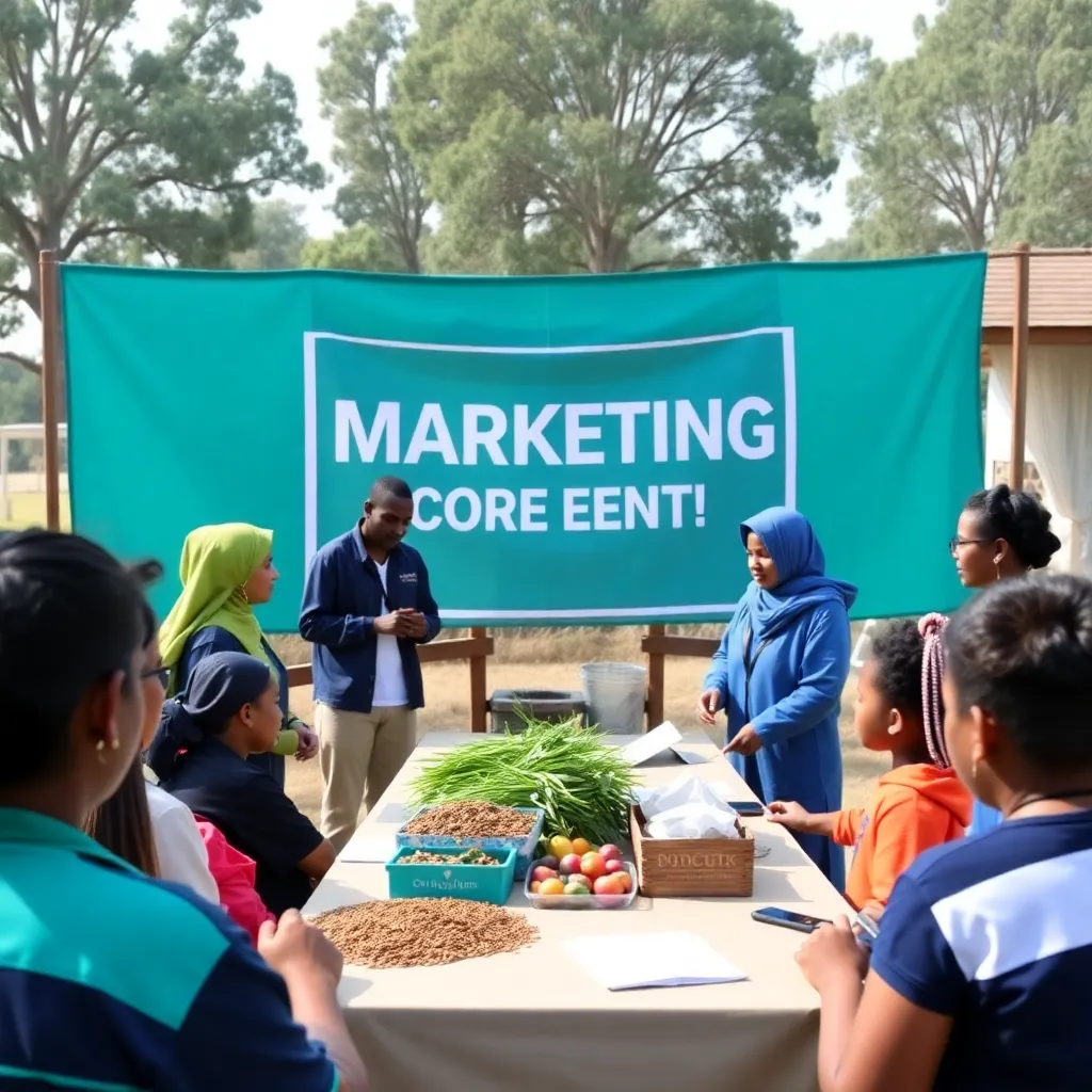 Rural marketing outreach event with local community in teal and navy colors