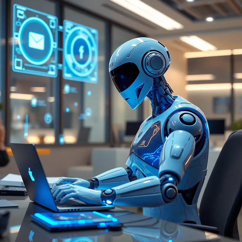 Futuristic robot working at a desk