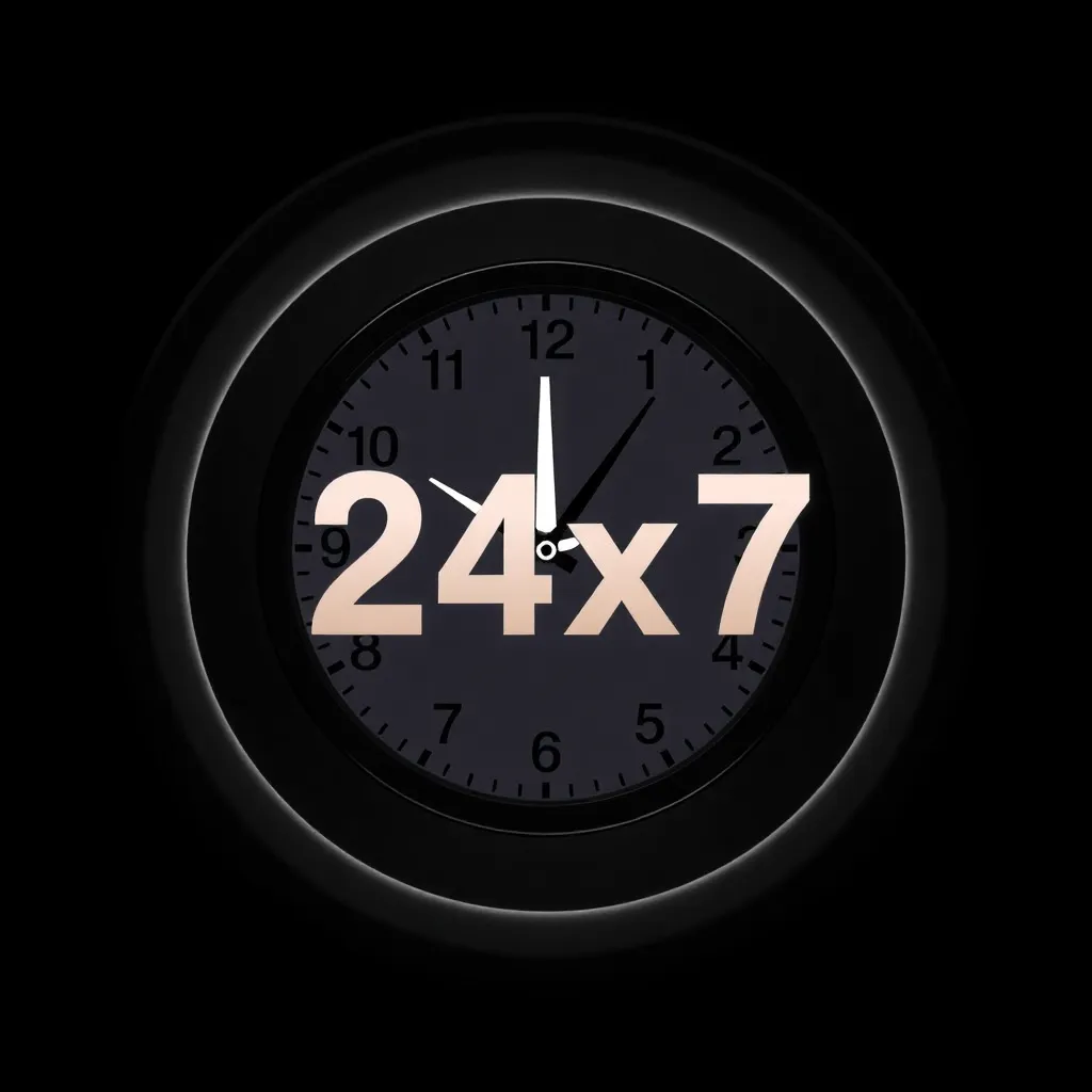 Clock icon with 24x7 text representing round the clock escort availability in Guwahati