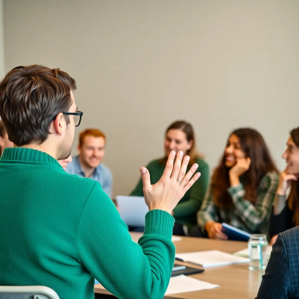 People in meeting room discussing work, one person in green sweater gesturing with hand