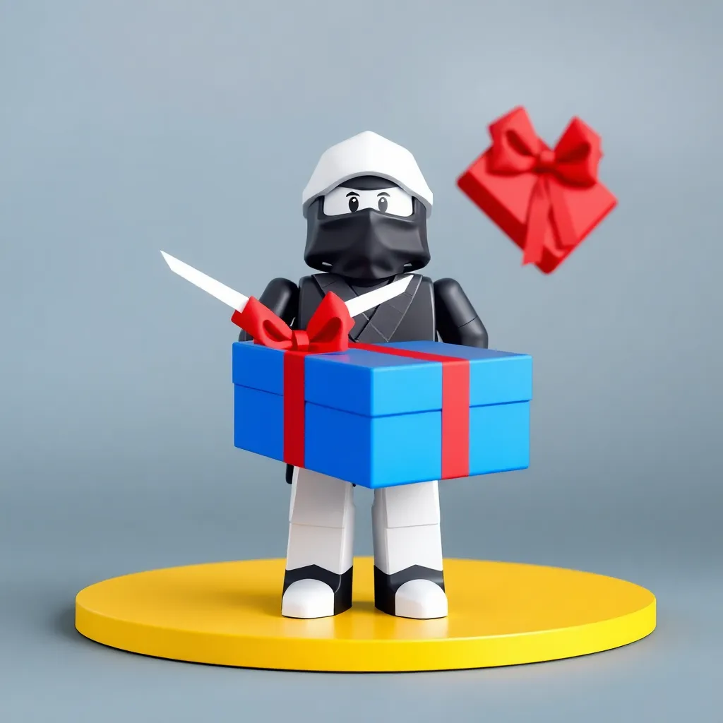Roblox avatar with a ninja outfit and gift box with shuriken