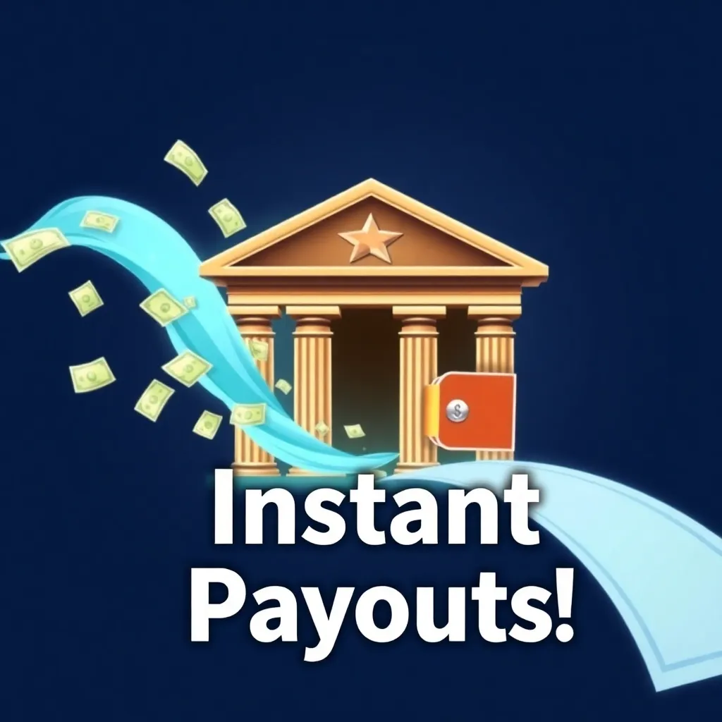 Image of a bank or wallet with cash flowing out and label: Instant Payouts!