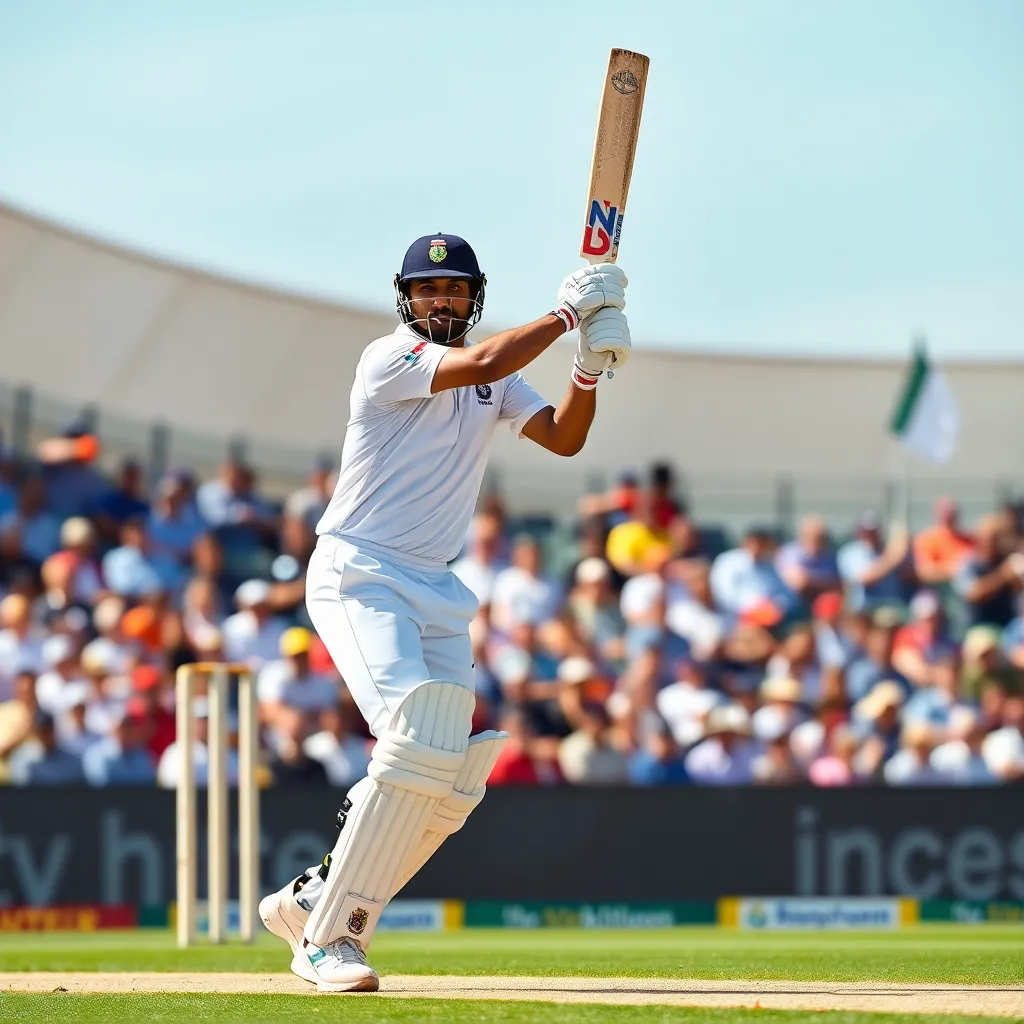 Rohit Sharma in white cricket uniform playing a classic Test cricket shot on a sunny day in a packed stadium