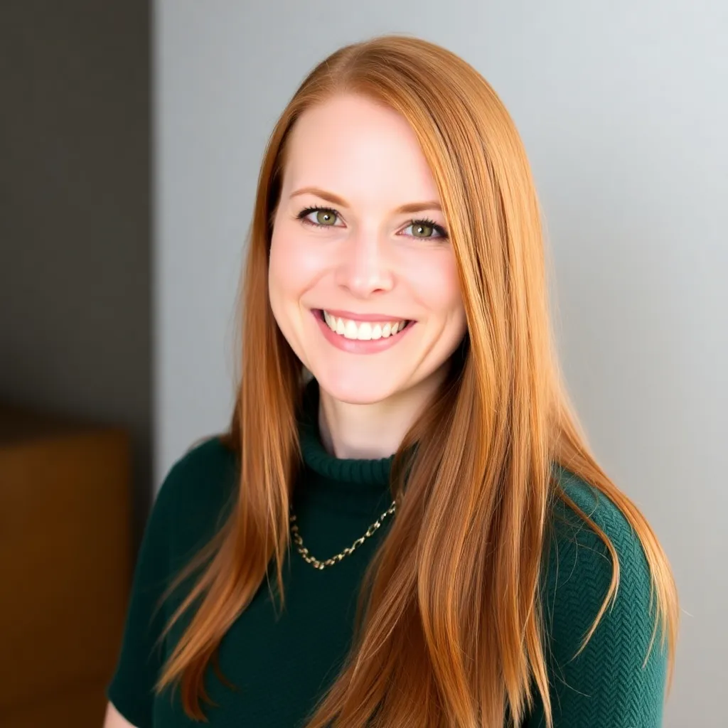 Portrait of Laura Miller, a woman with long straight red hair and a warm smile, wearing a green sweater